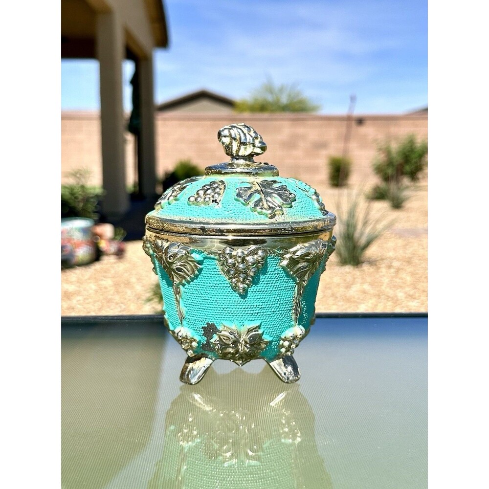 VTG Jeannette Glass "Mercury Glass Style" Turquoise Gold Grape & Vine Candy Jar